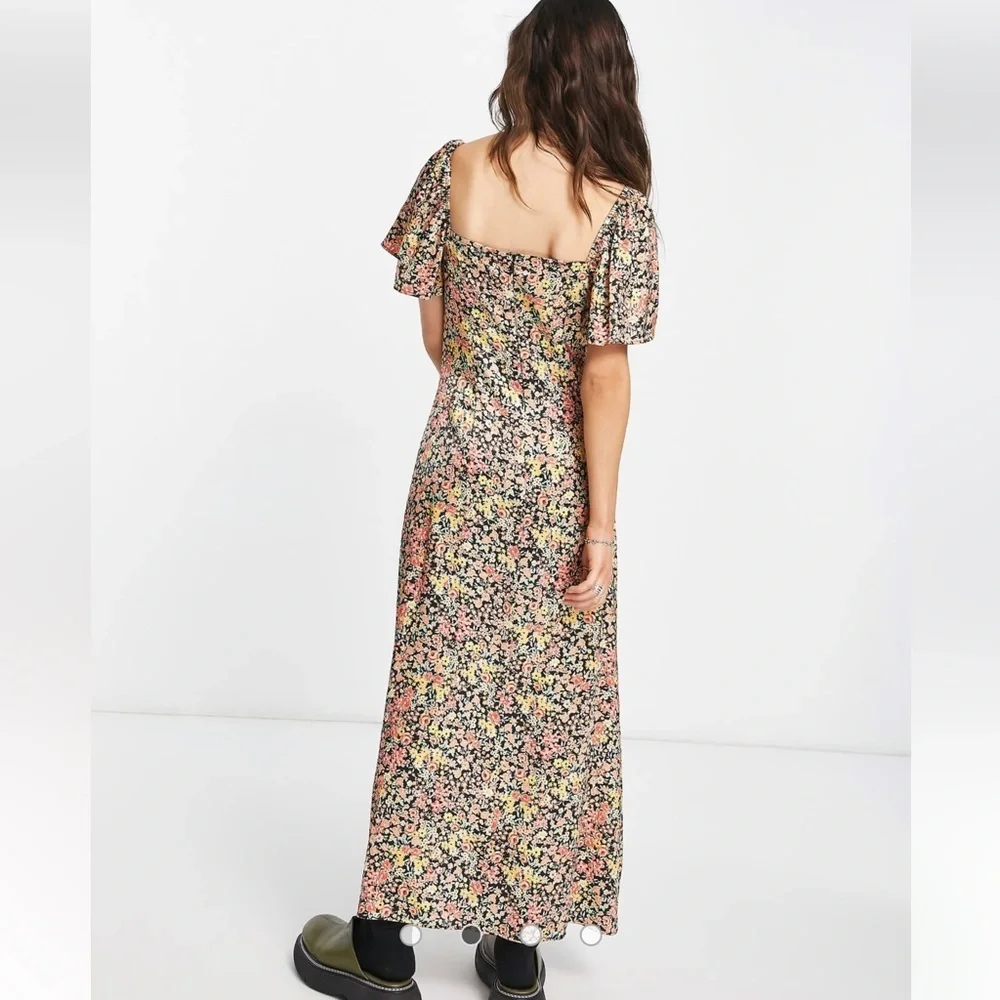 Topshop Satin Floral Sweetheart Midi Dress Black Multi US 10 - Picture 10 of 11